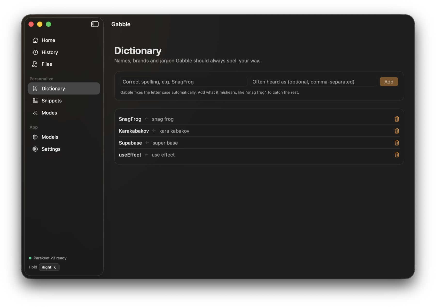 Gabble Dictionary screen with custom spellings and heard-as replacements