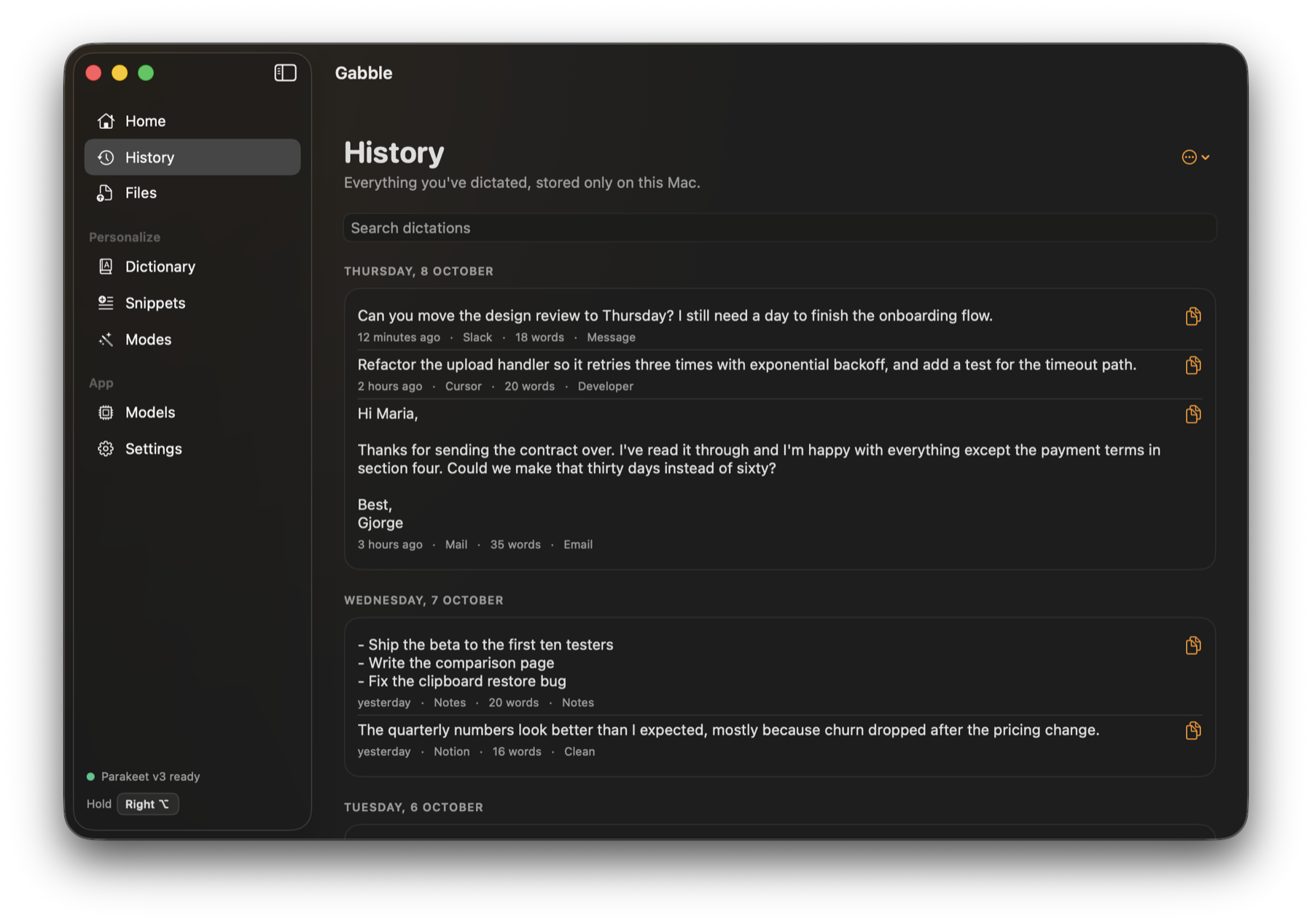 Gabble History screen with searchable past dictations grouped by day