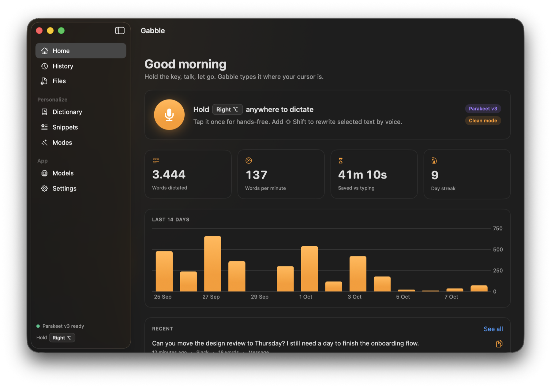 Gabble's home screen on macOS showing the dictation key, words dictated, words per minute, time saved and a 14-day chart