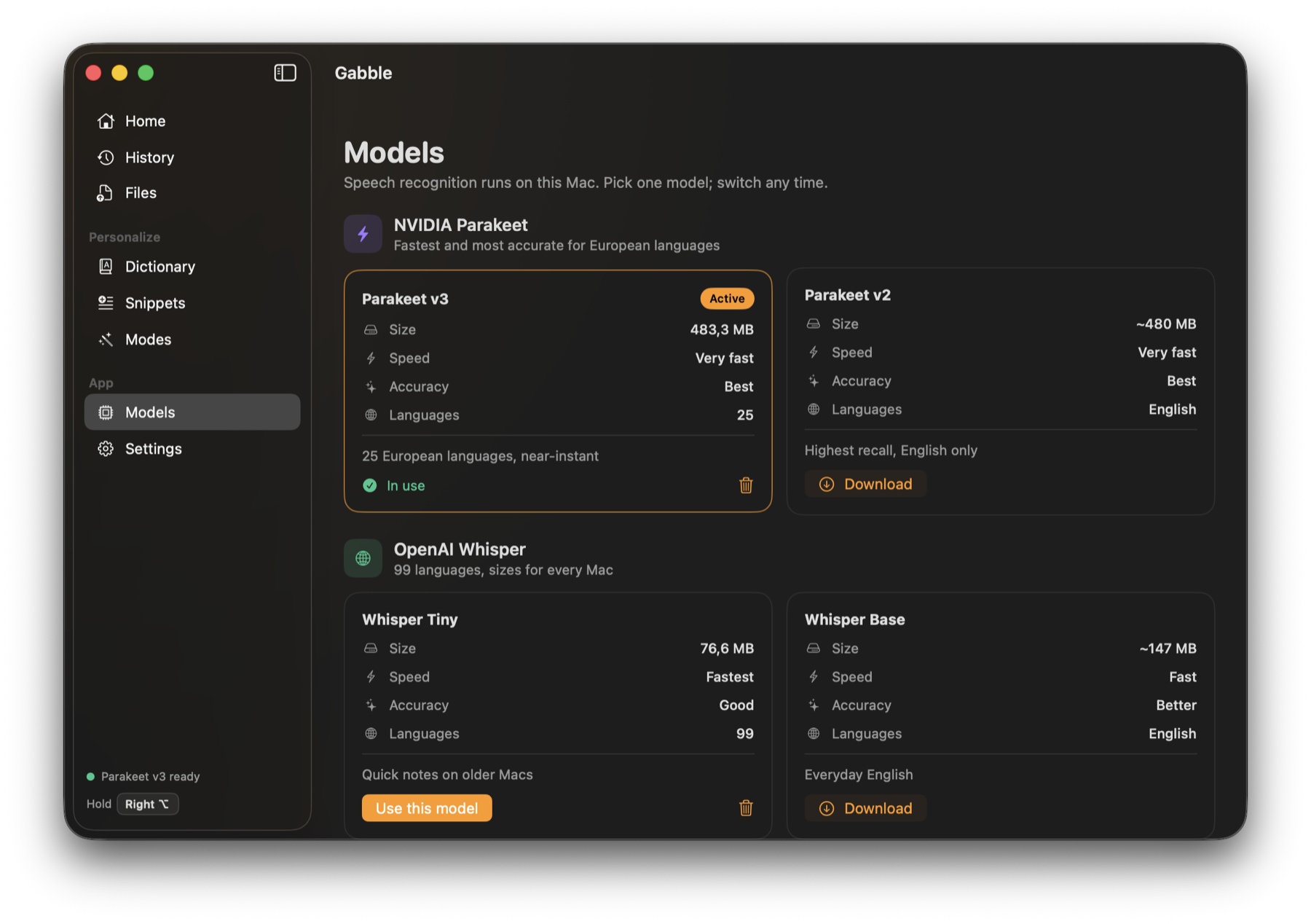 Gabble Models screen listing Parakeet and Whisper speech models with size, speed and accuracy