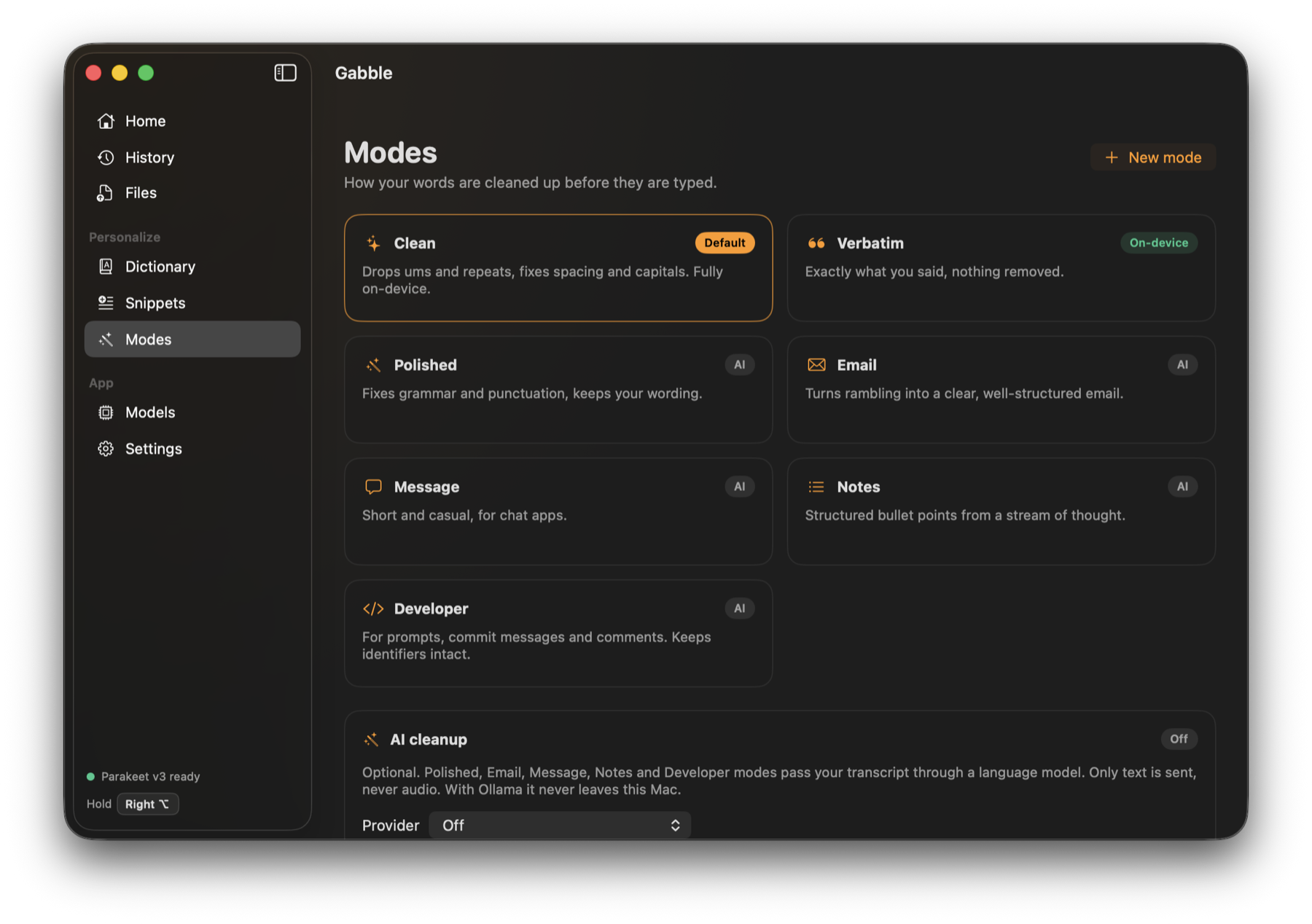 Gabble Modes screen with Clean, Verbatim, Polished, Email, Message, Notes and Developer modes